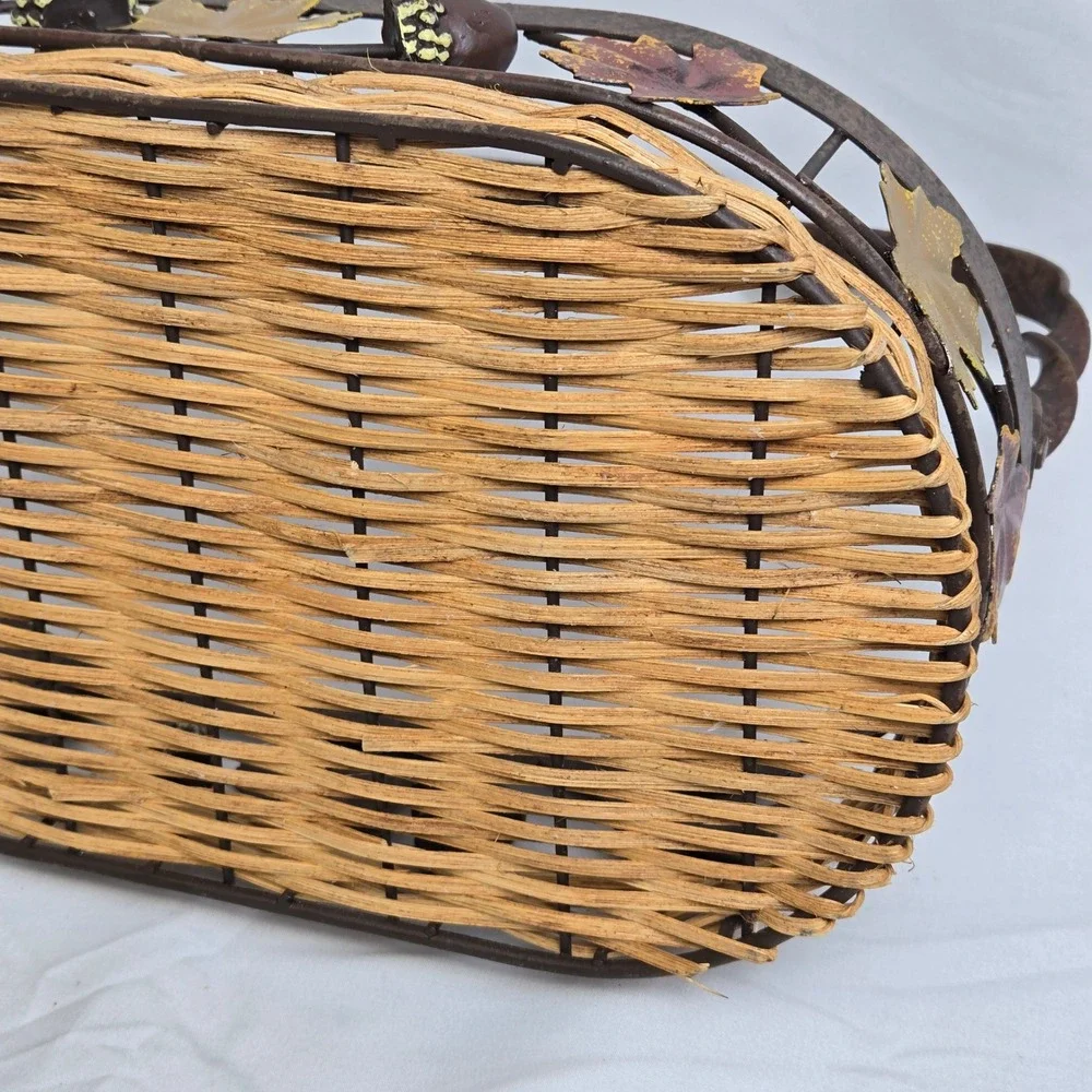 Decorative Basket Woven Wicker Base Metal Rim With Fall Autumn Leaves Acorns 11